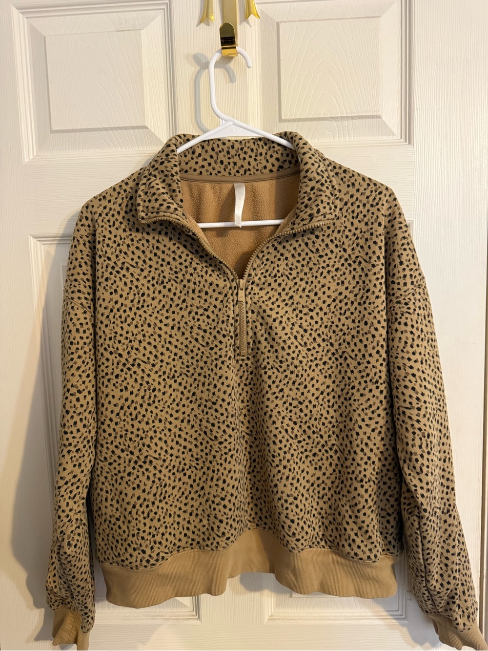 Fabletics Beige and Black Animal Print Quarter-Zip Sweater
